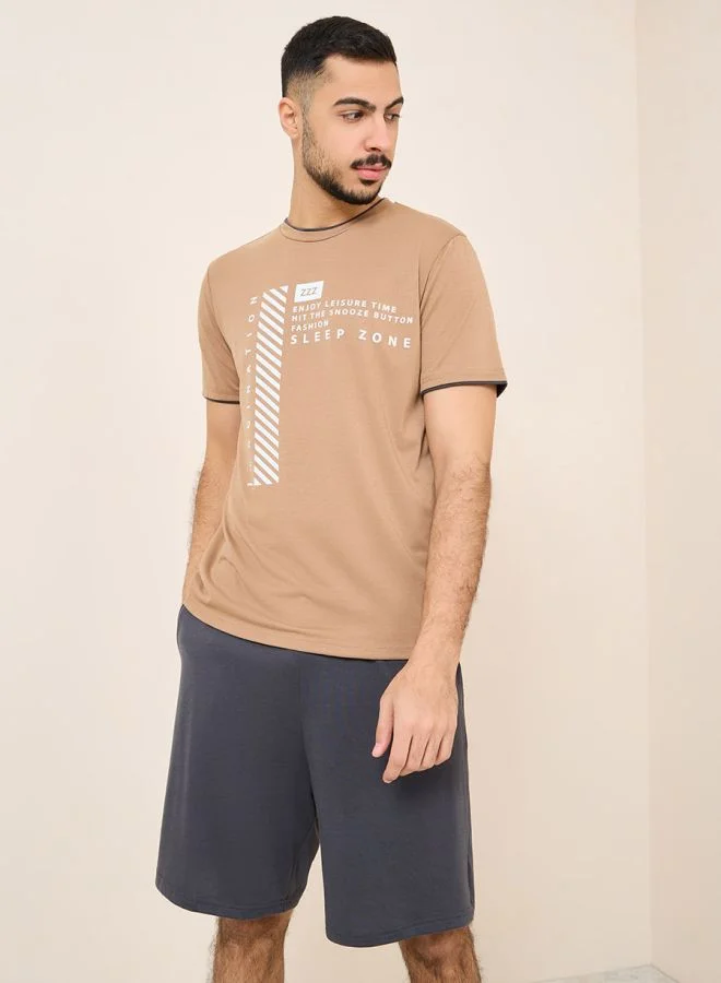 Styli Slogan Print Sleep T-shirt and Short with Pocket Set