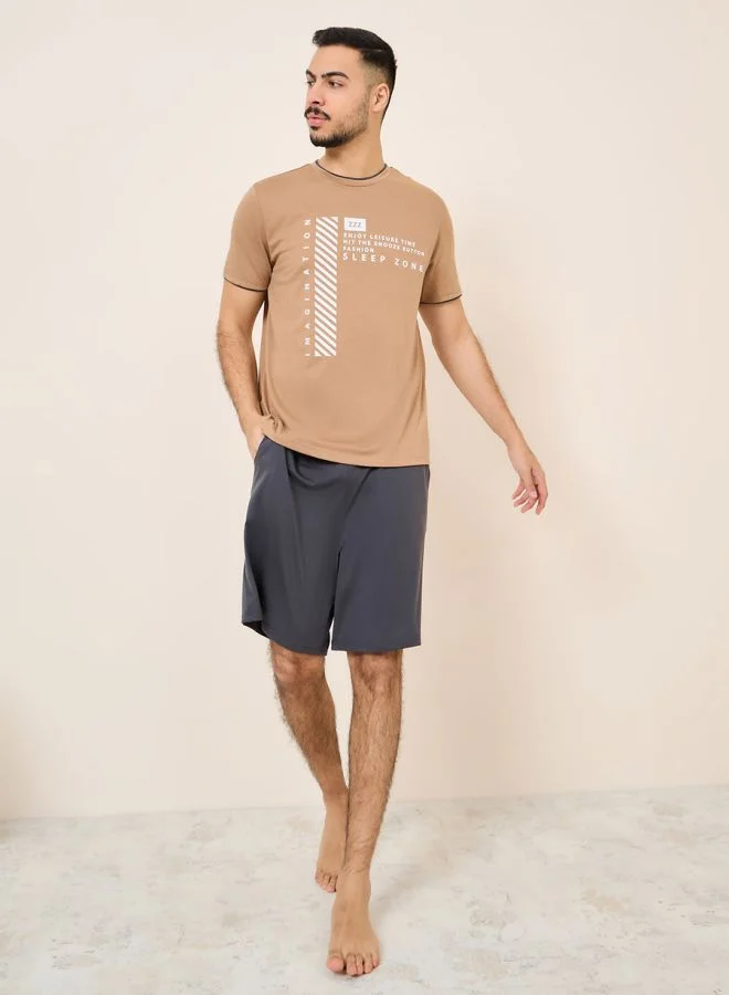 Styli Slogan Print Sleep T-shirt and Short with Pocket Set