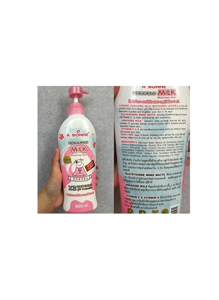 A BONNE Hokkaido Milk Whitening Lotion x3 Glutathione Enriched UV Protected and 400ml of Smooth Skin Perfection