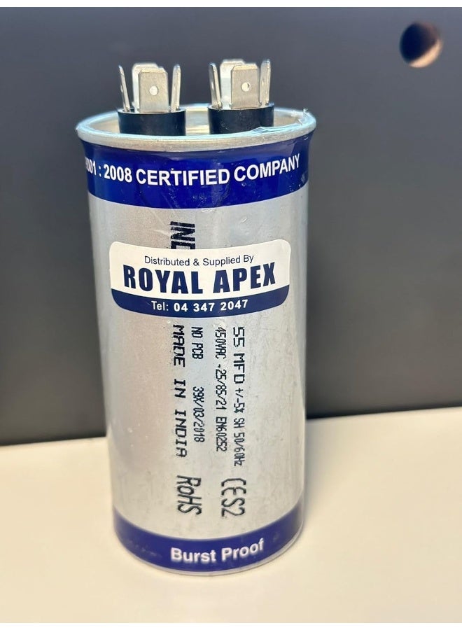 Royal Apex Burst Proof 2 Pin Round Capacitor with Aluminium Housing for AC, Motor Compressor etc | EN60252 CES2 RoHS Standards | Made in India (2 PIN 55MFD (55µF)) - Image 1