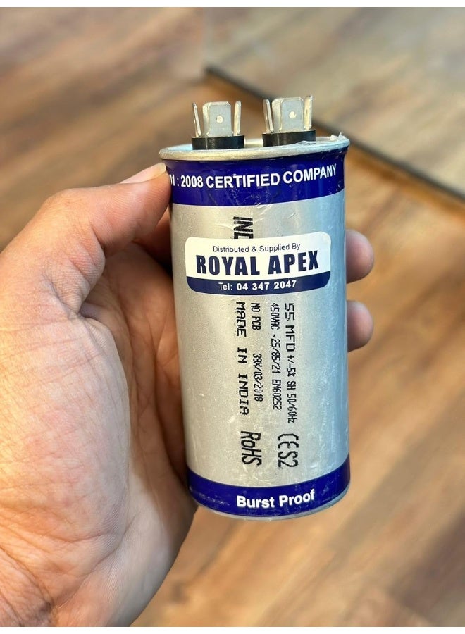 Royal Apex Burst Proof 2 Pin Round Capacitor with Aluminium Housing for AC, Motor Compressor etc | EN60252 CES2 RoHS Standards | Made in India (2 PIN 55MFD (55µF)) - Image 2