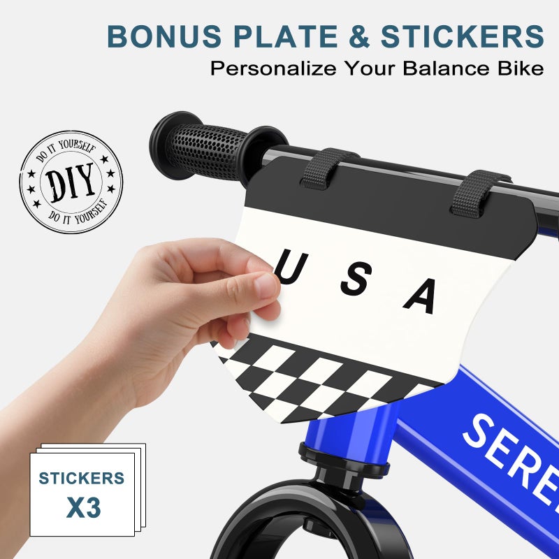 SEREED Toddler Balance Bike 2 Year Old, No Pedal Kids Toy Bike for 2-5 Years Old, Tool-Free Adjustment, Gift for 2-3 Boys Girls, Customize Plate with 3pcs Stickers (Blue) - Image 2