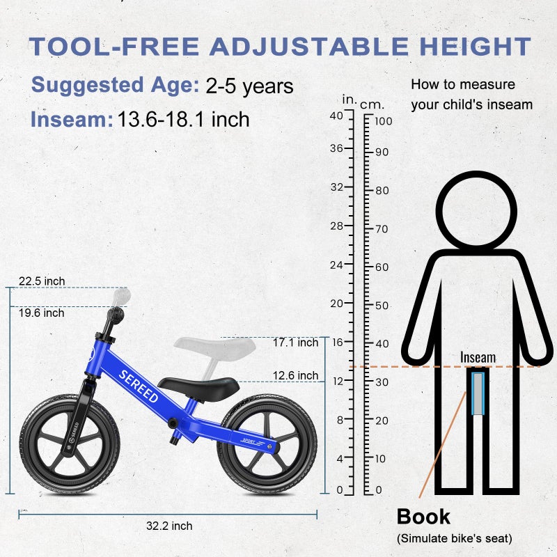 SEREED Toddler Balance Bike 2 Year Old, No Pedal Kids Toy Bike for 2-5 Years Old, Tool-Free Adjustment, Gift for 2-3 Boys Girls, Customize Plate with 3pcs Stickers (Blue) - Image 3