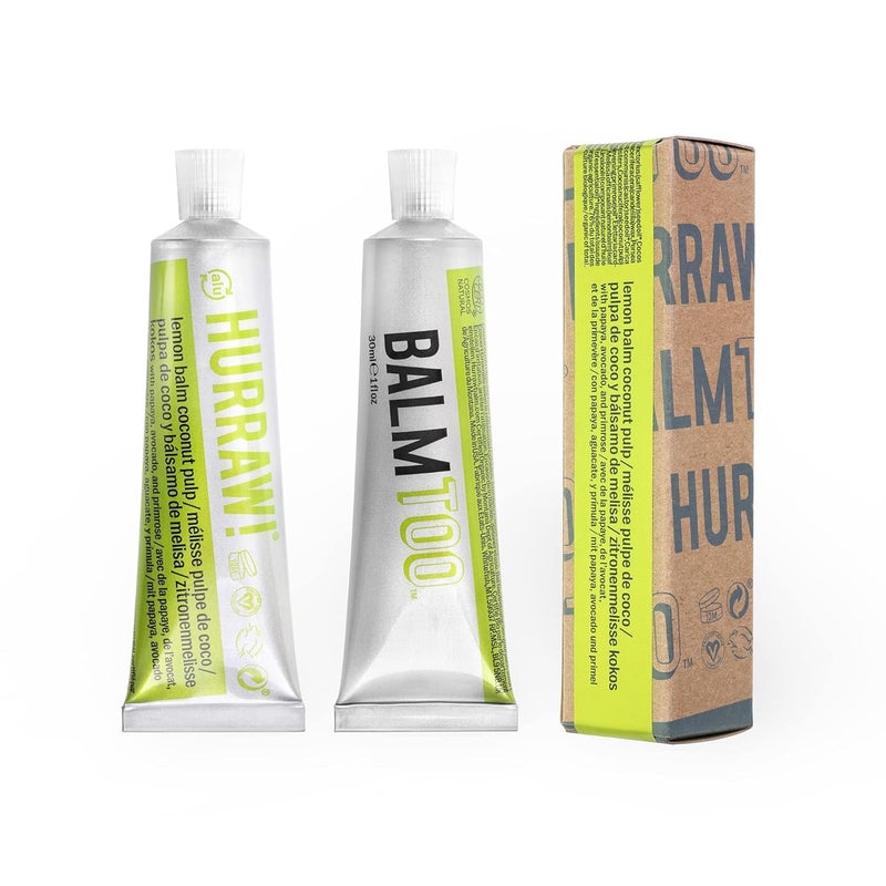 Hurraw Balmtoo Squeezable Balm Lemon Balm Coconut Pulp Ultramoisturizing Anywhere application Body face lips neck fingers toes 1 tube  7 sticks of lip balm Natural Organic Made in USA