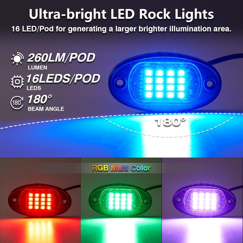 TDE Explorer.Lighting 4 Pods RGB LED Rock Lights with Dual Zone Brake, Waterproof Multicolor Underglow Lights Kit for ATV UTV Golf Cart Trucks RZR SXS, Neon Underbody Light with App Remote Control Flashing Music Sync 12V - Image 4