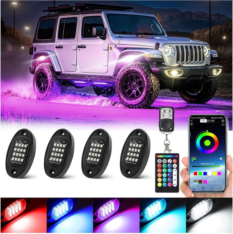 TDE Explorer.Lighting 4 Pods RGB LED Rock Lights with Dual Zone Brake, Waterproof Multicolor Underglow Lights Kit for ATV UTV Golf Cart Trucks RZR SXS, Neon Underbody Light with App Remote Control Flashing Music Sync 12V - Image 1