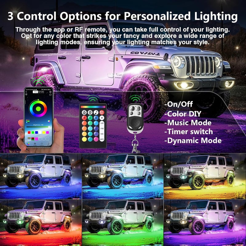 TDE Explorer.Lighting 4 Pods RGB LED Rock Lights with Dual Zone Brake, Waterproof Multicolor Underglow Lights Kit for ATV UTV Golf Cart Trucks RZR SXS, Neon Underbody Light with App Remote Control Flashing Music Sync 12V - Image 2