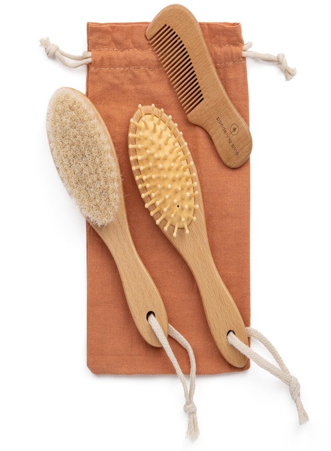 Pondering Pine Natural Baby Brush Set - Wooden Brushes and Comb With Boho Travel Bag for Girl or Boy - Soft Goat Hair Brush for Cradle Cap, Bamboo Toddler Brush, Newborn Hairbrush for Scalp Grooming - Image 1