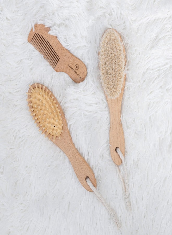 Pondering Pine Natural Baby Brush Set - Wooden Brushes and Comb With Boho Travel Bag for Girl or Boy - Soft Goat Hair Brush for Cradle Cap, Bamboo Toddler Brush, Newborn Hairbrush for Scalp Grooming - Image 5