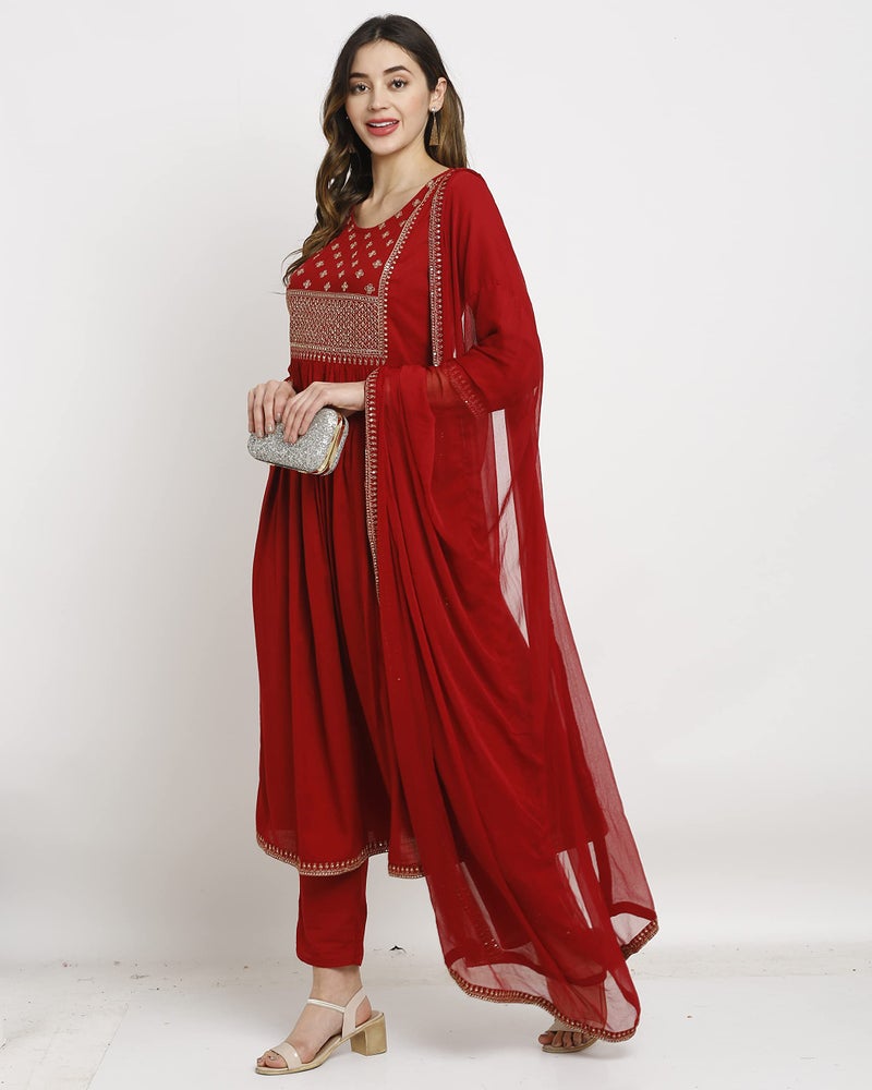 Rajnandini Women's Rayon Embroidered Kurta Set with Dupatta (JOPLVL245-L_Maroon_L) - Image 3