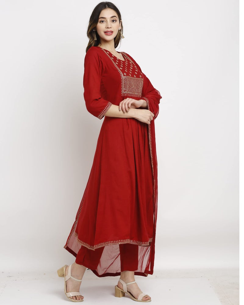 Rajnandini Women's Rayon Embroidered Kurta Set with Dupatta (JOPLVL245-L_Maroon_L) - Image 4