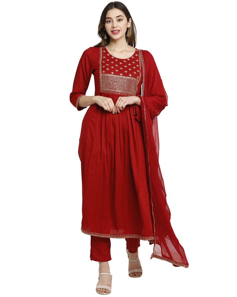 Rajnandini Women's Rayon Embroidered Kurta Set with Dupatta (JOPLVL245-L_Maroon_L) - Image 1