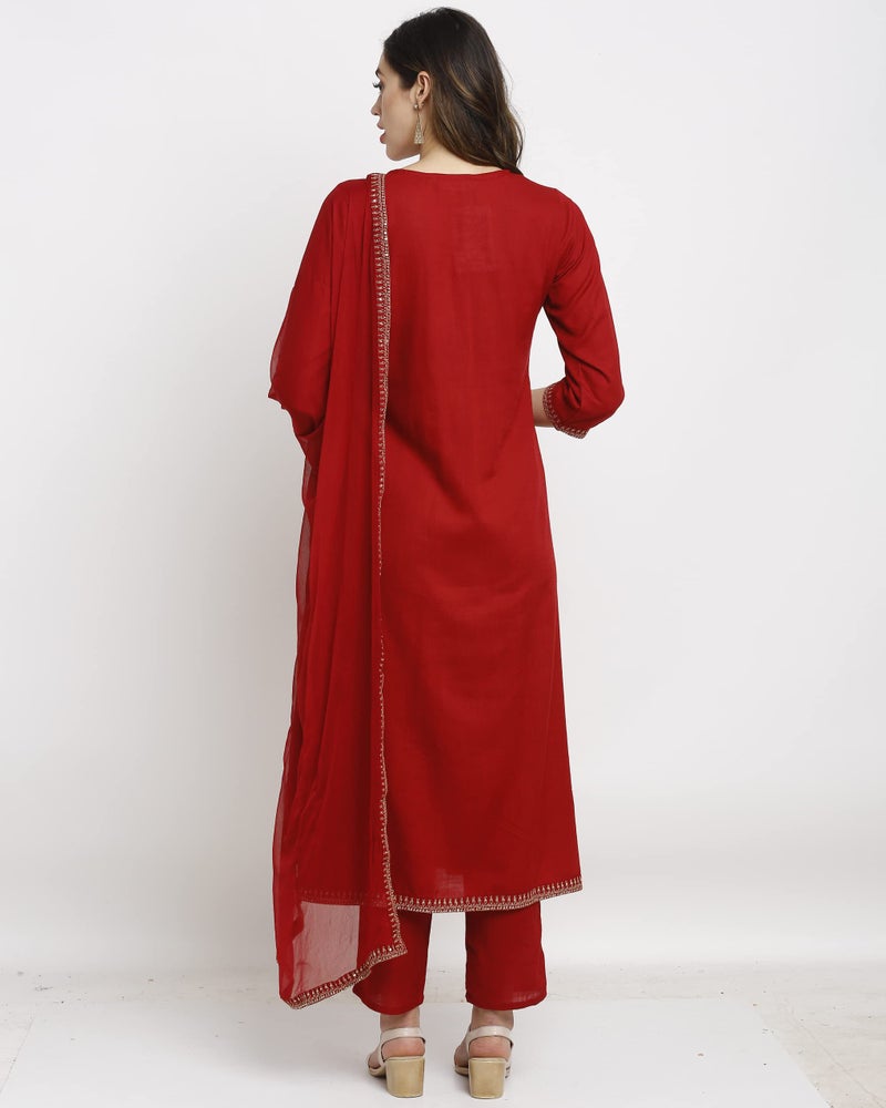 Rajnandini Women's Rayon Embroidered Kurta Set with Dupatta (JOPLVL245-L_Maroon_L) - Image 2