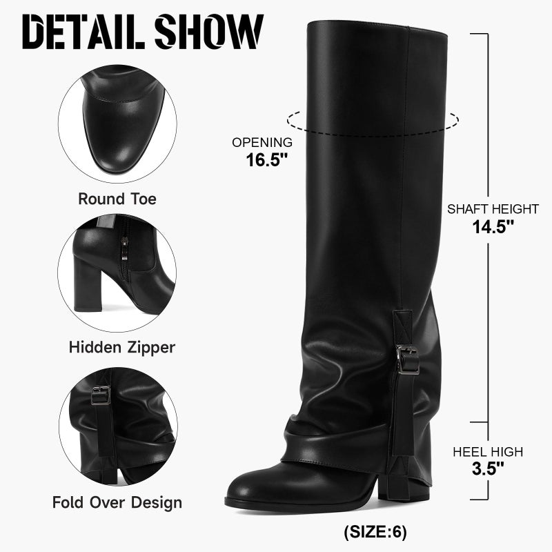 EQAUDES Women Knee High Black Boots Fold Over Wide Calf Slouchy Leather Pull On Round Toe Buckle Tall Boots Shoes 2025 Winter Chic - Image 5