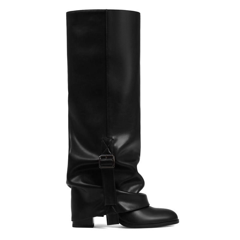 EQAUDES Women Knee High Black Boots Fold Over Wide Calf Slouchy Leather Pull On Round Toe Buckle Tall Boots Shoes 2025 Winter Chic - Image 1
