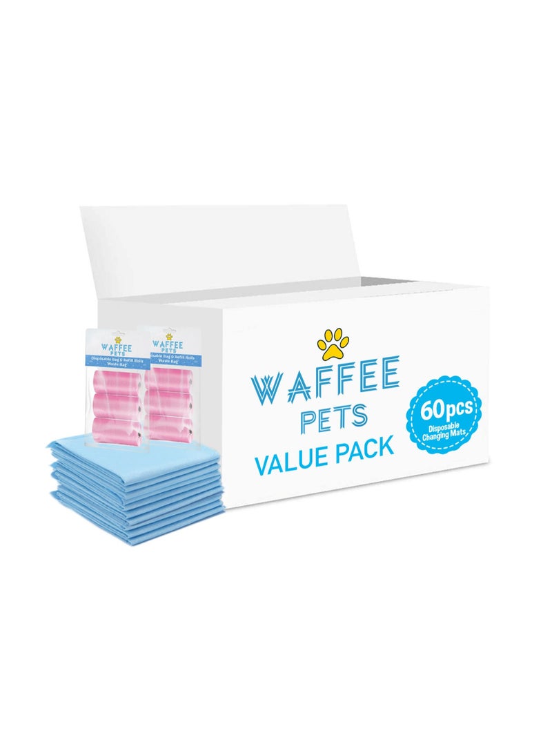 Waffee Waffee Disposable Changing Mat 60 + Pack of 2 Refill PINK (6 Rolls) 120 Nappy Bags  - Image 1