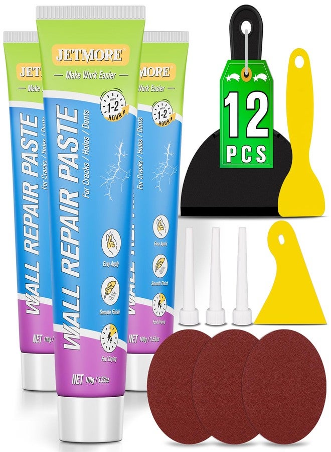 JETMORE Drywall Repair Kit, 3 Pack Wall Mending Agent, Spackle Wall Repair Paste, Wall Hole Repair Kit, Drywall Patch with Scraper, Sanding Pad, Hole Fill Quick and Easy Solution, Plaster Wall Repair - Image 1