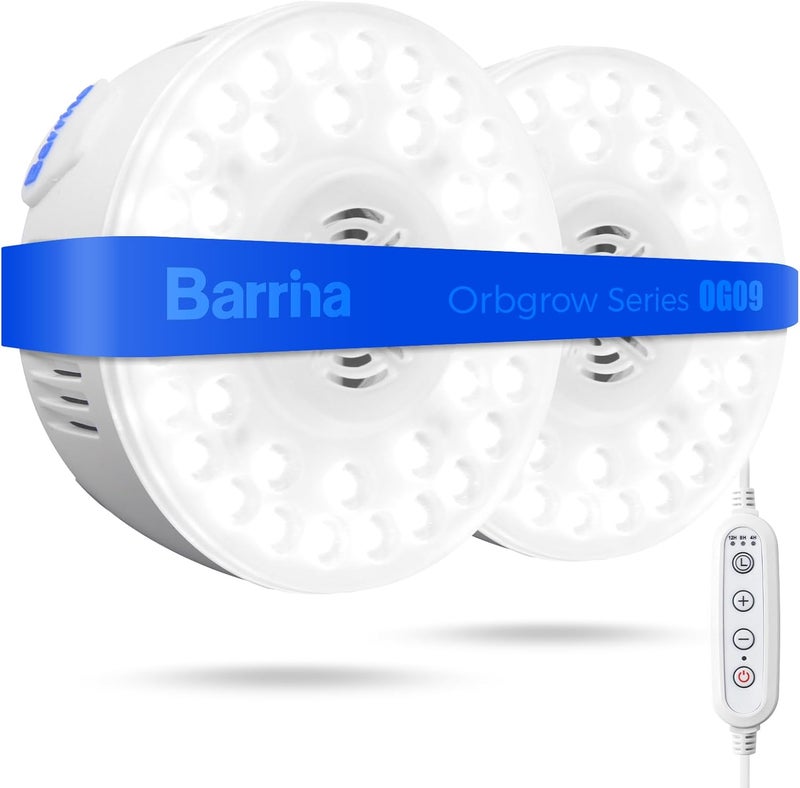 Barrina ضوء نمو Orbgrow OG09 Puck، سطوع 5000K، قوة 18 واط (2 × 9 واط، ما يعادل 270 واط)، ضوء نباتي ذو طيف كامل للنباتات الداخلية، مغناطيسي وقابل للربط مع مؤقت، يمكن تعديل السطوع عل�� 5 مستويات لرفوف النباتات، 2 عبوة - Image 1