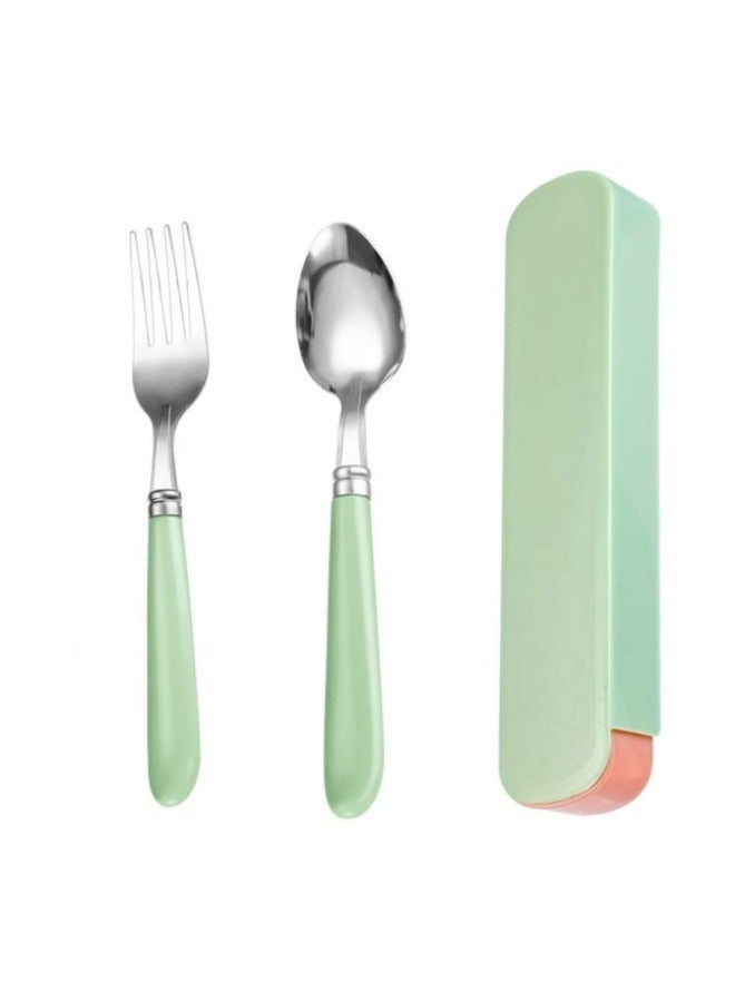3 Pcs Stainless Steel Portable Cutlery Set Spoon Fork Set with Storage Box Round Handle Green - Image 1