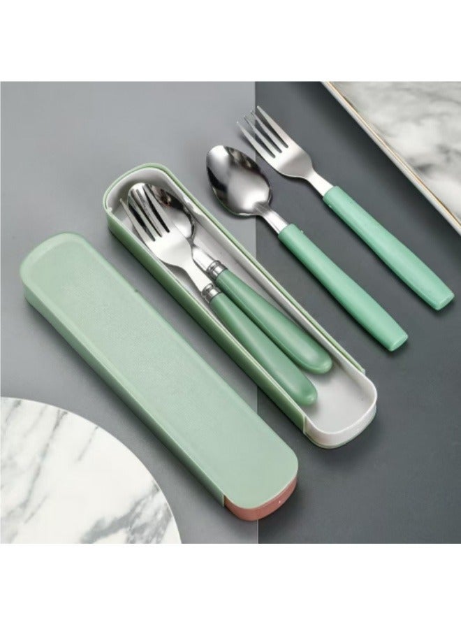 3 Pcs Stainless Steel Portable Cutlery Set Spoon Fork Set with Storage Box Round Handle Green - Image 2