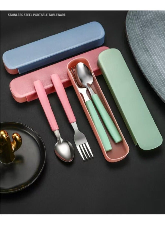 3 Pcs Stainless Steel Portable Cutlery Set Spoon Fork Set with Storage Box Round Handle Green - Image 3