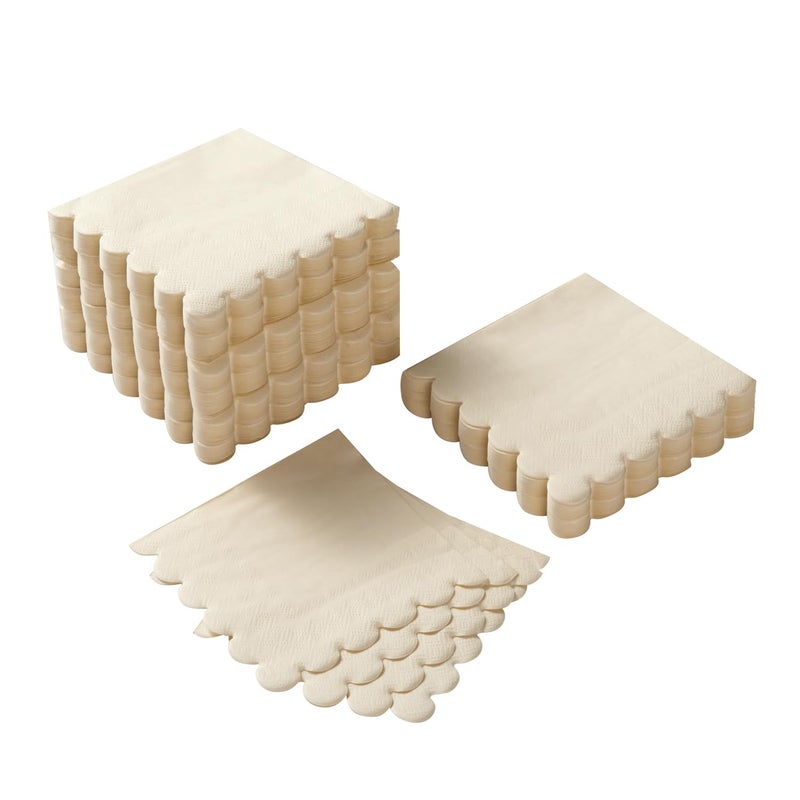 100 Pack Cocktail Napkin 2Ply Scalloped Edged Dessert Napkins Folded 5 x 5 Inches Disposable Napkins for Dinner Wedding Birthday Party Bridal Anniversary Reception Event MilkyWhite
