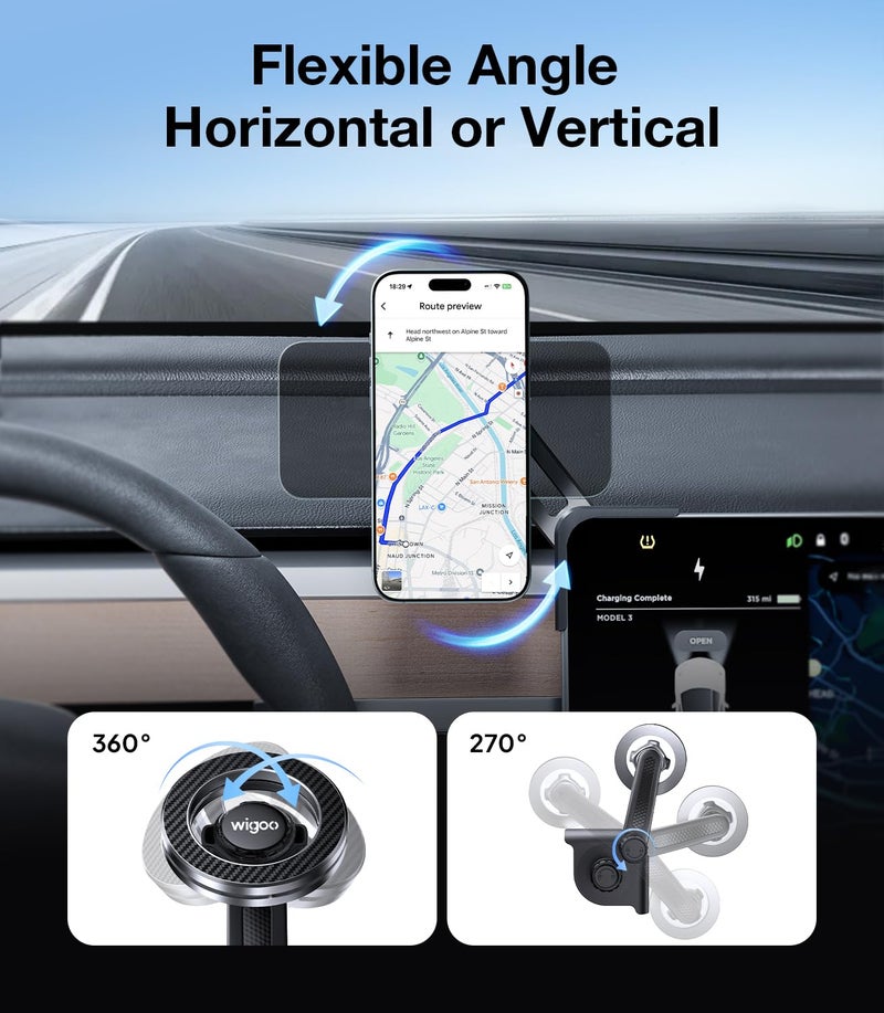 Wigoo Magnetic Phone Mount for Tesla Model 3/Y/S/X Accessories, 【Strongest Magnet & No Blocking View】 Screen Side Magnetic Holder for Magsafe iPhone 17-12 & Android - Clamp (No Glue) - Image 2