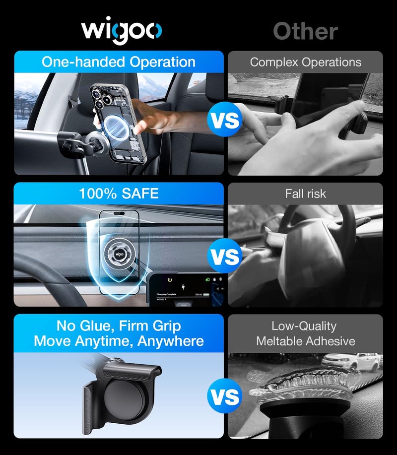 Wigoo Magnetic Phone Mount for Tesla Model 3/Y/S/X Accessories, 【Strongest Magnet & No Blocking View】 Screen Side Magnetic Holder for Magsafe iPhone 17-12 & Android - Clamp (No Glue) - Image 5