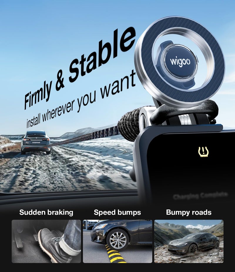 Wigoo Magnetic Phone Mount for Tesla Model 3/Y/S/X Accessories, 【Strongest Magnet & No Blocking View】 Screen Side Magnetic Holder for Magsafe iPhone 17-12 & Android - Clamp (No Glue) - Image 4