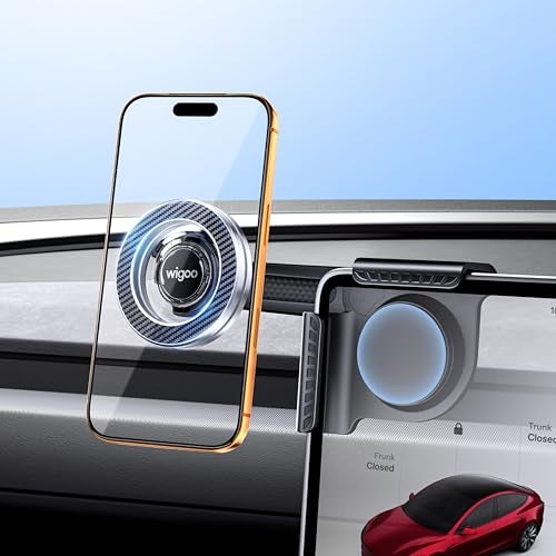 Wigoo Magnetic Phone Mount for Tesla Model 3/Y/S/X Accessories, 【Strongest Magnet & No Blocking View】 Screen Side Magnetic Holder for Magsafe iPhone 17-12 & Android - Clamp (No Glue) - Image 1