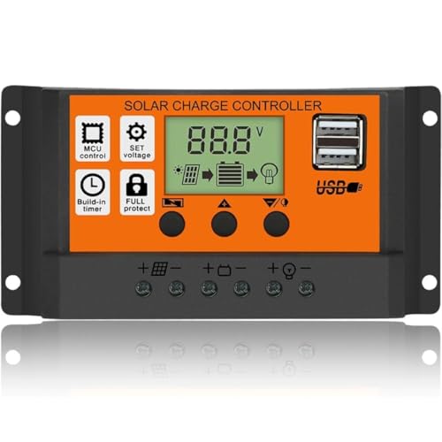 kh 20A Solar Charge Contoller 12V/ 24V Solar Panel Charge Controller Intelligent Regulator with Dual USB Port Auto Parameter LCD Display - Timer Setting ON/Off Hours (20 A) - Image 1