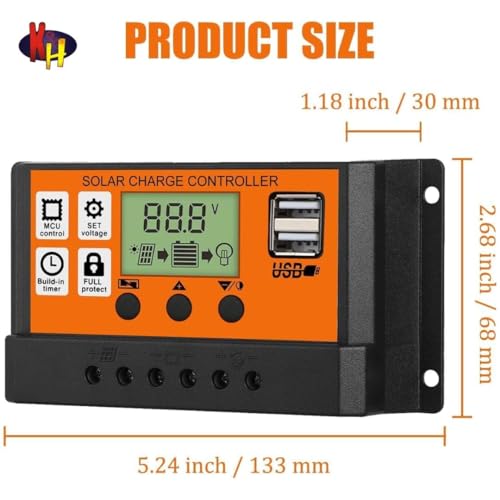 kh 20A Solar Charge Contoller 12V/ 24V Solar Panel Charge Controller Intelligent Regulator with Dual USB Port Auto Parameter LCD Display - Timer Setting ON/Off Hours (20 A) - Image 2