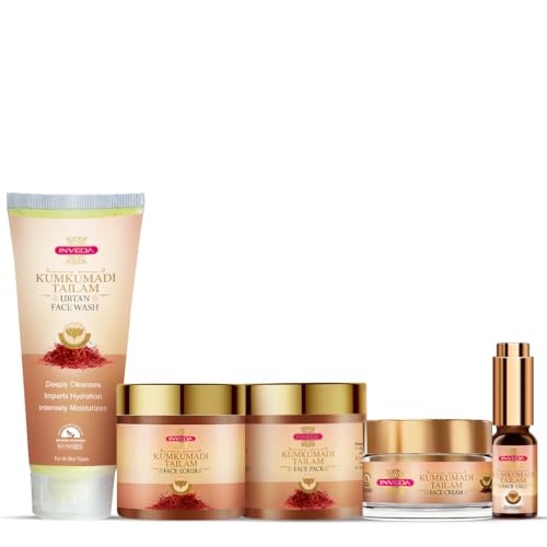 INVEDA Kumkumadi Tailam Facial Kit for Pigmentation, Acne, Dark Spots with The Goodness of Kumkumadi Tailam, Turmeric, Saffron, Giving Natural & Golden Glow (With Box), 360ml - Image 1