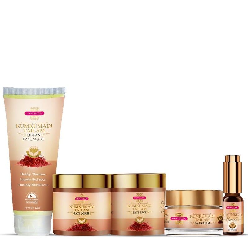 INVEDA Kumkumadi Tailam Facial Kit for Pigmentation, Acne, Dark Spots with The Goodness of Kumkumadi Tailam, Turmeric, Saffron, Giving Natural & Golden Glow (With Box), 360ml - Image 4