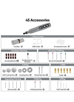 KASTWAVE مجموعة أدوات دوارة، 5 سرعات متغيرة لاسلكية وكابل شحن USB، أدوات دوارة صغيرة بقوة 3.7 فولت مع 45 قطعة من الملحقات للقطع والحفر والصنفرة والنقش والتلميع والحرف اليدوية، رمادي  - Image 5