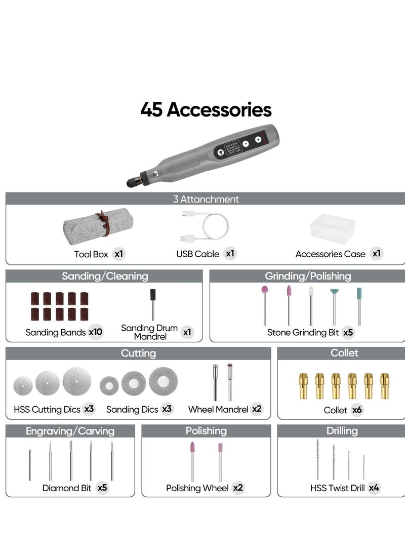 KASTWAVE - مجموعة أدوات دوارة، 5 سرعات متغيرة لاسلكية وكابل شحن USB، أدوات دوارة صغيرة بقوة 3.7 فولت مع 45 قطعة من الملحقات للقطع والحفر والصنفرة والنقش والتلميع والحرف اليدوية، رمادي - Image 1
