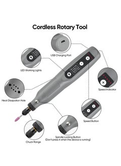 KASTWAVE مجموعة أدوات دوارة، 5 سرعات متغيرة لاسلكية وكابل شحن USB، أدوات دوارة صغيرة بقوة 3.7 فولت مع 45 قطعة من الملحقات للقطع والحفر والصنفرة والنقش والتلميع والحرف اليدوية، رمادي  - Image 2