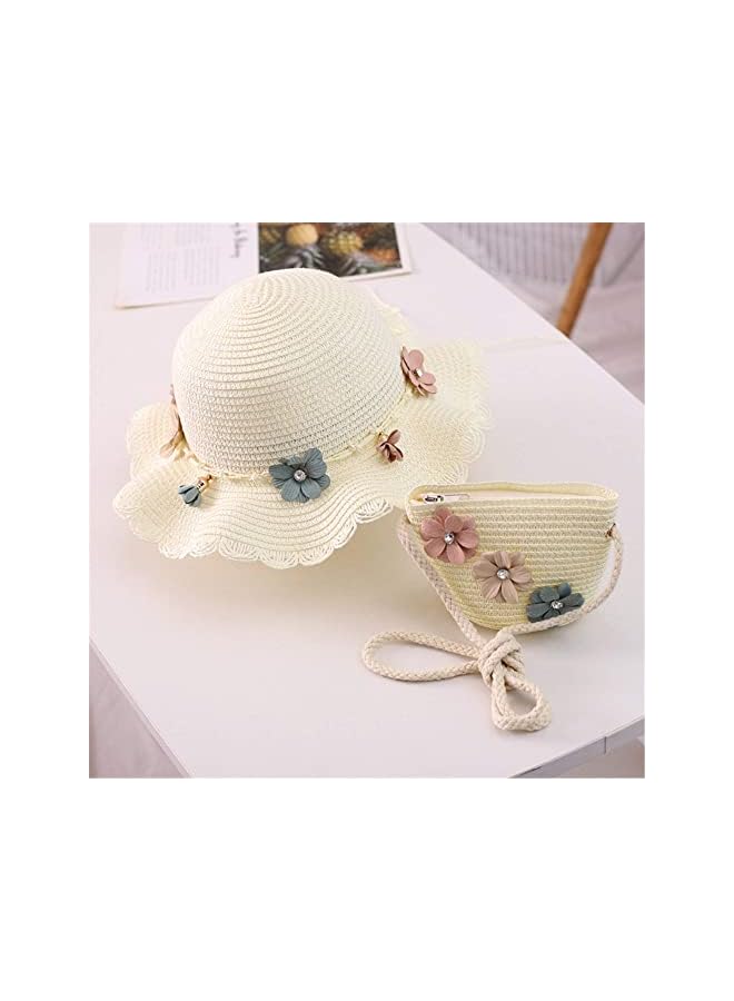 Baby Girls Flower Wide Brim Hat Sun Beach Straw Flower Hats with Cute Shoulder Bag - Image 2