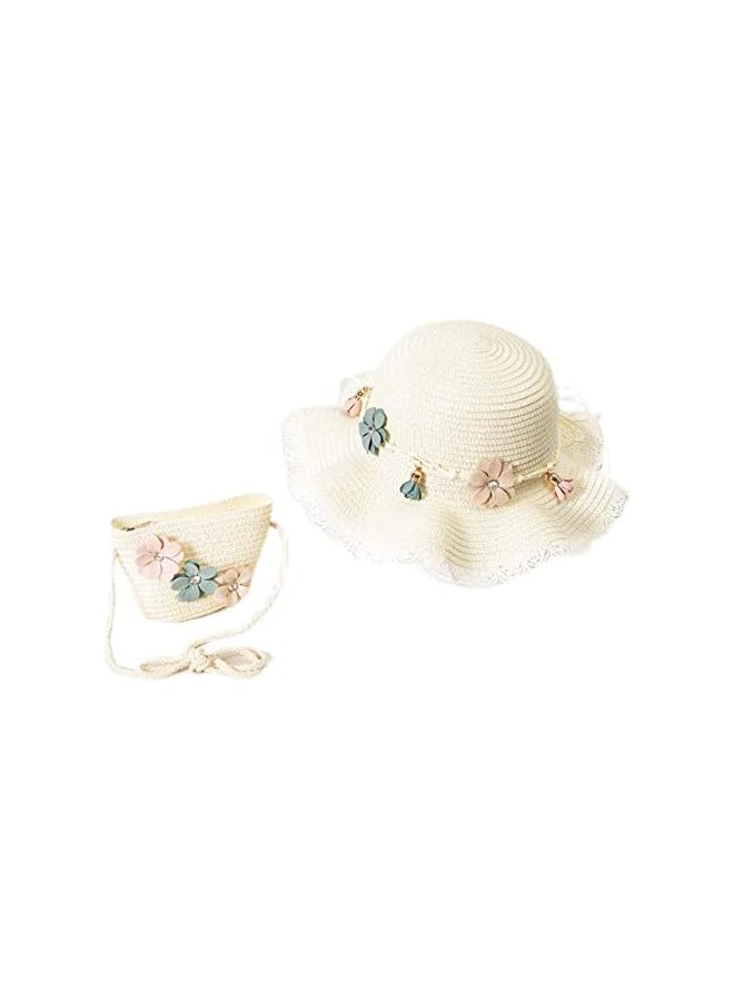 Baby Girls Flower Wide Brim Hat Sun Beach Straw Flower Hats with Cute Shoulder Bag - Image 1