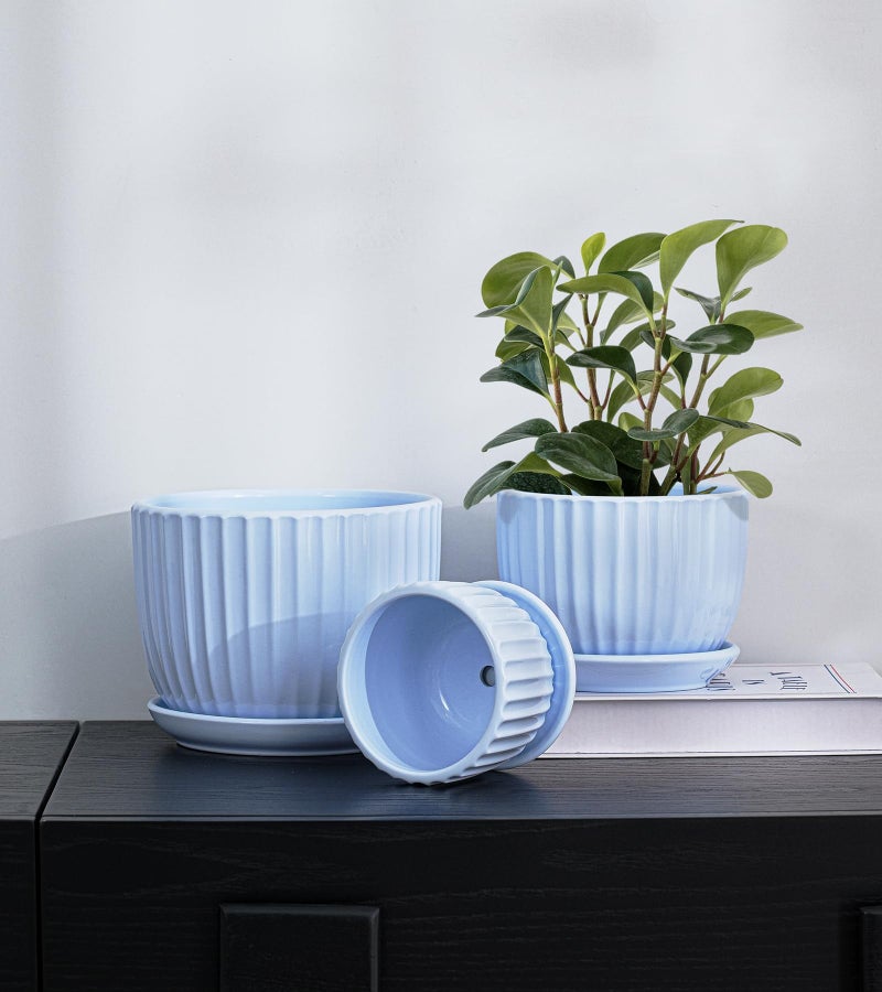 Ton Sin Sky Blue Ceramic Flower Pots, 4"+5"+6" Inch Small Succulent Planters with Drainage Hole,Modern Indoor Decorative Plant Pots Set of 3,Garden Pots with Saucer(Blue) - Image 4