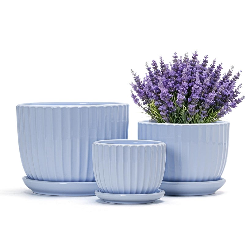 Ton Sin Sky Blue Ceramic Flower Pots, 4"+5"+6" Inch Small Succulent Planters with Drainage Hole,Modern Indoor Decorative Plant Pots Set of 3,Garden Pots with Saucer(Blue) - Image 1