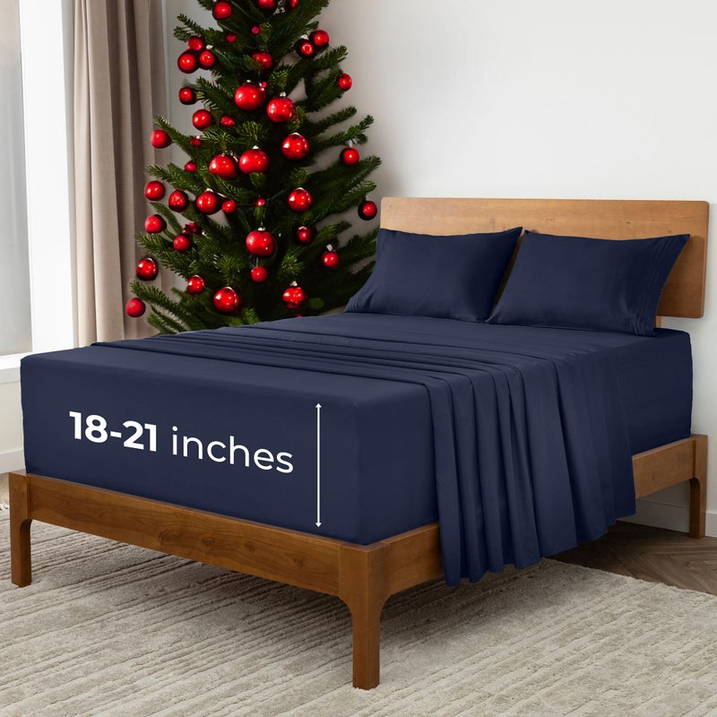 Mellanni Extra Deep California King Sheets  4 PC Iconic Collection Bedding  Hotel Luxury Ultra Soft Cooling Bed Sheets  Wrinkle Fade Stain Resistant Cal King Navy Blue