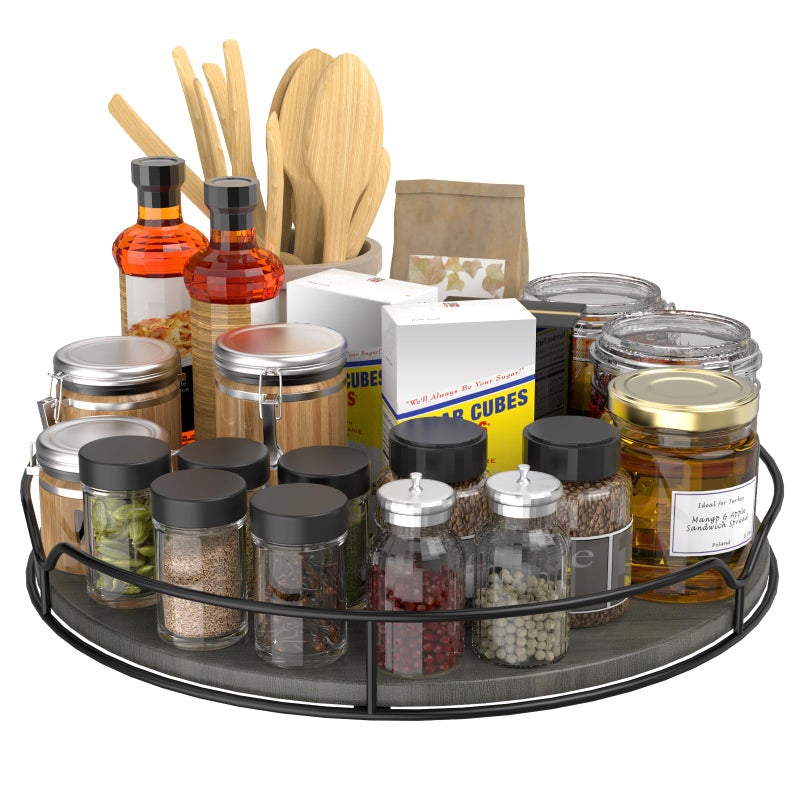 AXTEE Lazy Susan Turntable Organizer with Anti-Slip Mat for Cabinet Pantry Kitchen Countertop Refrigerator Office, Pine Wood, 12", Grey - Image 1