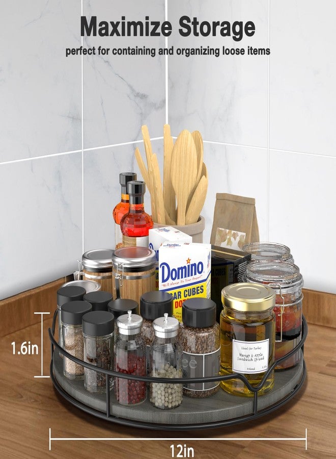 AXTEE Lazy Susan Turntable Organizer with Anti-Slip Mat for Cabinet Pantry Kitchen Countertop Refrigerator Office, Pine Wood, 12", Grey - Image 4