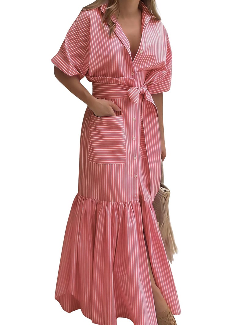 utcoco Women's 2025 Summer Casual Striped Button Down Maxi Dress Tie Waist Short Sleeve Shirt Dress with Pockets (Small, Red) - Image 1