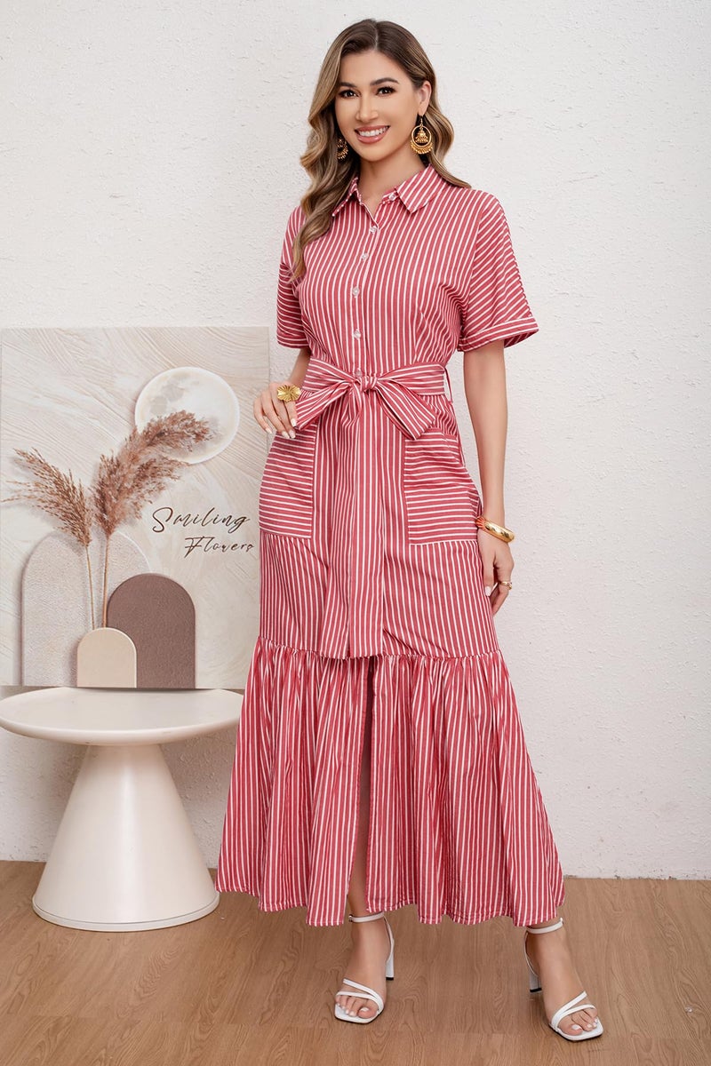 utcoco Women's 2025 Summer Casual Striped Button Down Maxi Dress Tie Waist Short Sleeve Shirt Dress with Pockets (Small, Red) - Image 2