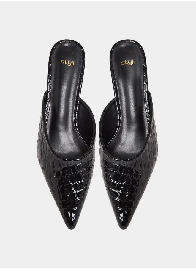 Styli Textured Pointed Toe Slip-On Mules