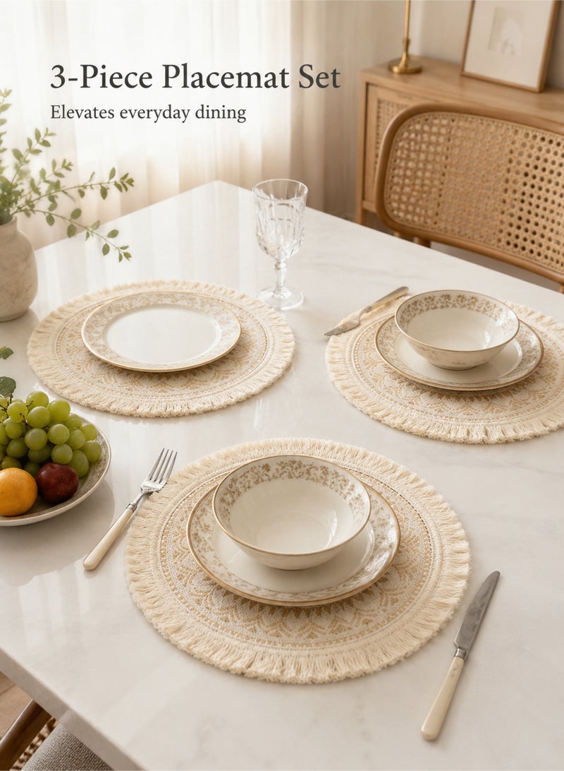 L-duck Round Woven Placemats - 3-Piece Set, Non-slip, Washable, Heat-Resistant Placemats for Kitchens, Dining Rooms, And Party Decor, Bohemian Tassel Ethnic Style Cotton Linen Placemats (33cm) Gold - Image 2