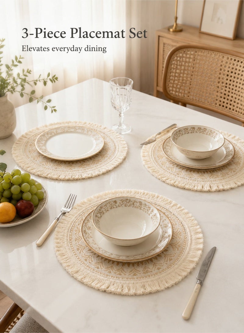 L-duck Round Woven Placemats - 3-Piece Set, Non-slip, Washable, Heat-Resistant Placemats for Kitchens, Dining Rooms, And Party Decor, Bohemian Tassel Ethnic Style Cotton Linen Placemats (33cm) Gold - Image 1