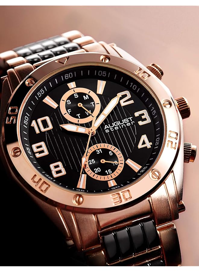 August Steiner Men Urban Tachymeter Bezel Fashion Watch Bold Numbers On Dial With Day Of Week And Date Subdial On Two Tone Black And Silver Stainless Steel Bracelet As8070 - Image 5
